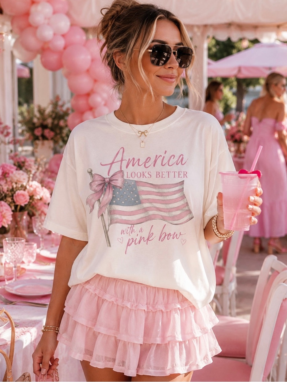 White Graphic Tee with Pink Flag Bow S-5x